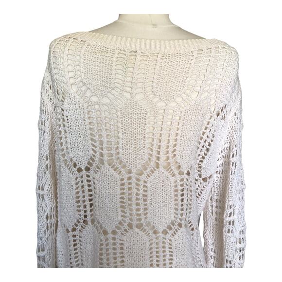 Women's Boho White Crochet Knit Lace Sweater Pullover Eyelet Long Sleeve Top - Picture 5 of 6